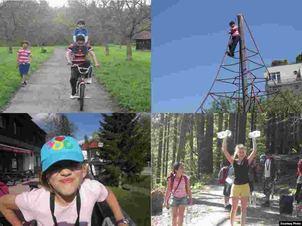 Samrin Khan, 13, was born in Pakistan and lives in the Czech Republic. Samrin took photos of her father riding a bicycle with her two younger brothers; her brother Aimal climbing at a playground; and friends and classmates during a school trip. 