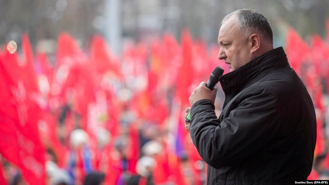 Moldovan President Igor Dodon delivers a speech during a Socialist Party rally in Chisinau on November 18.