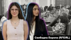 Колаж със снимки на Елица Манева и Виктория Боева на фона на кадър от комисията по образованието.