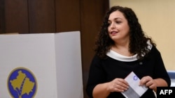 Vjosa Osmani, then the LDK's candidate for prime minister, casts her ballot in October 2019 in Pristina.