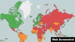 Скриншот интерактивной карты свободы прессы в мире. На основе доклада международной правозащитной организации Freedom House, 29 апреля 2015 года.