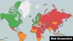 Freedom House халықаралық құқық қорғау ұйымының баяндамасы бойынша жасалған әлемдегі баспасөз еркіндігі деңгейінің картасынан скриншот. 29 сәуір 2015 жыл.