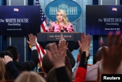 White House Press Pecretary Karoline Leavitt holds a briefing at the White House in Washington on March 30.