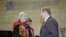 Yelena Bonner (left) with Czech President Vaclav Havel at RFE/RL's 50th anniversary celebrations in Prague in 2001