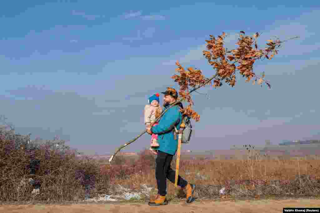 A Kosovo ethnic Serb carries a dried oak branch symbolizing the Yuletide log on Orthodox Christmas Eve in the village of Gracanica on January 6.&nbsp;