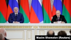 Лукашэнка і Пуцін падчас прэс-канфэрэнцыі ў Маскве. 13 сакавіка 2025