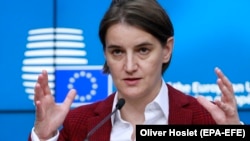 Serbian Prime Minister Ana Brnabic speaks in Brussels on November 16.