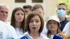 Președinta Republicii Moldova, Maia Sandu, vorbește presei după aflarea rezultatelor de la exit-poll-ul de la alegerile anticipate din 11 iulie.