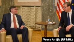 U.S. Deputy Assistant Secretary of State Matthew Palmer (left) and Serbian President Aleksandar Vucic in Belgrade on June 3.