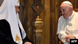 Pope Francis (right) meets with the head of the Russian Orthodox Church, Patriarch Kirill, in Havana on February 12 -- the first such meeting in almost 1,000 years. 