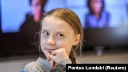 Greta Thunberg klímaaktivista egy stockholmi sajtótájékoztatón 2020. január 31-én.