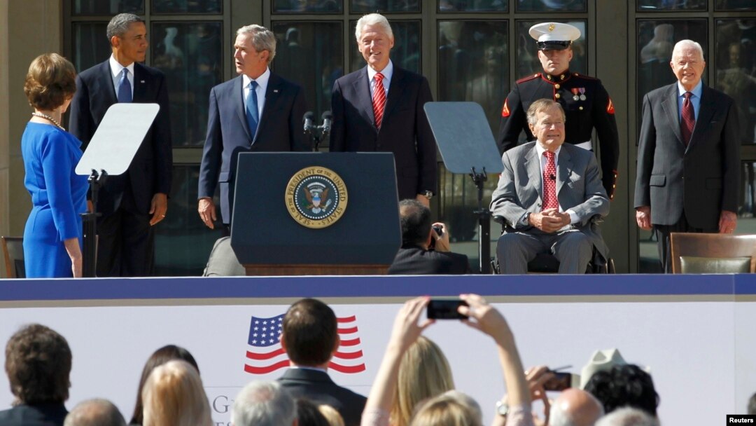 Former first lady Laura Bush, President Barack Obama, former President George W. Bush, former President Bill Clinton, former President George H.W. Bush, and former President Jimmy Carter (left to right) gathered for the April 25 ceremony in Dallas, Texas.