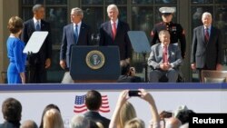 Former first lady Laura Bush, President Barack Obama, former President George W. Bush, former President Bill Clinton, former President George H.W. Bush, and former President Jimmy Carter (left to right) gathered for the April 25 ceremony in Dallas, Texas.