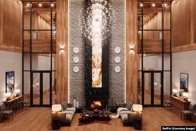 Një pamje e hollit prej 150 metrash katrorë me tavane shtatë metra në katin e parë të vilës kryesore. Ilustrim nga projekti i projektimit "Dizajn i Brendshëm Konceptual për Kompleksin Krasnaya Polyana". Burimi: BelPol