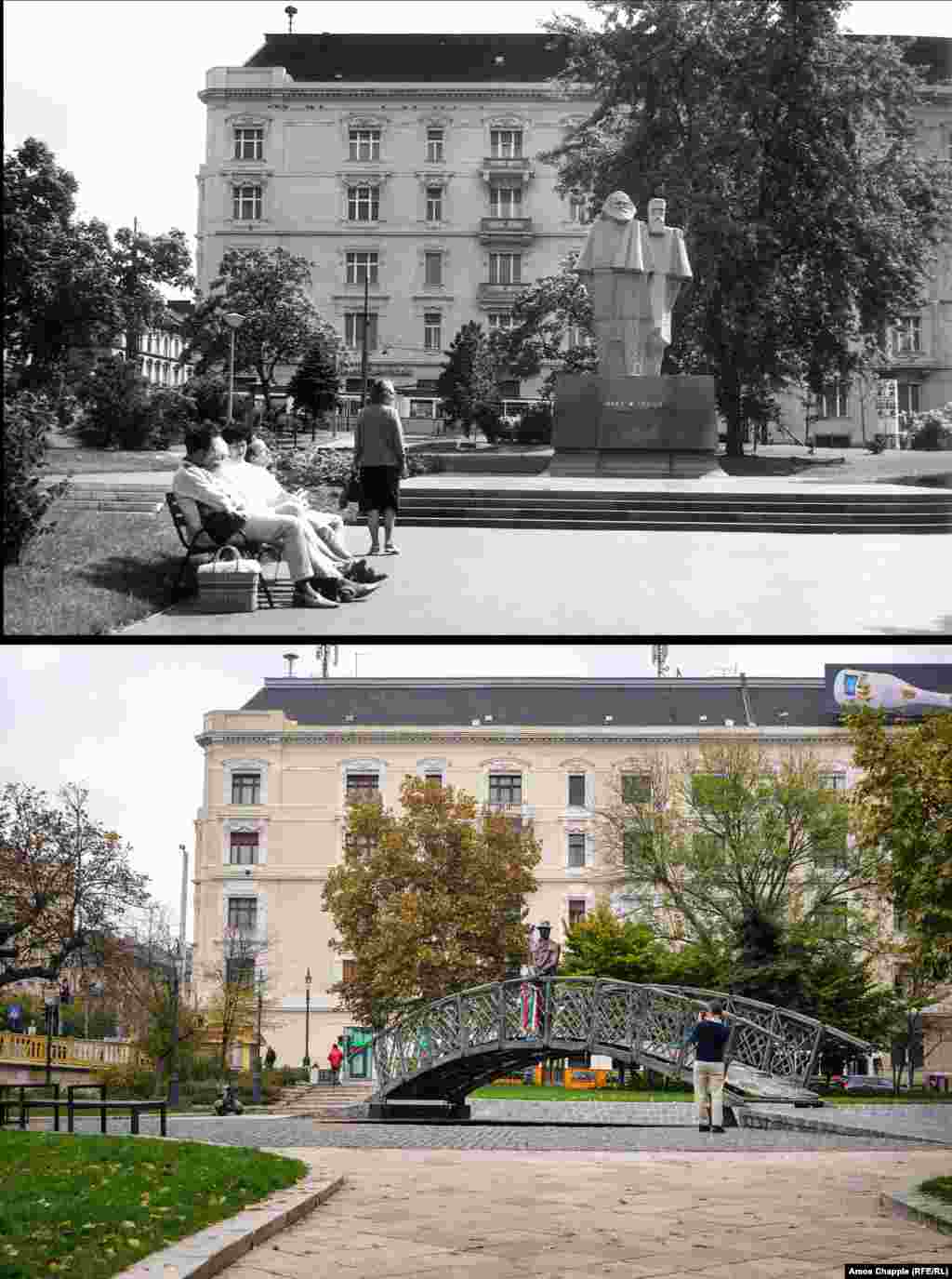 Budapesta, 1977-2019 O statuie cubistă a întemeietorilor teoriei socialismului științific Karl Marx și Friedrich Engels. În 2019, pe același loc a fost instalată statuia politicianului comunist reformator, Imre Nagy, situată până nu demult în spatele celebrei clădiri a Parlamentului Ungariei. Nagy a fost executat pentru rolul său în revolta împotriva dominației sovietice în Ungaria, din 1956. Foto: Fortepan/ Hlatky Katalin-Fokert, 1977