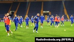 The Ukrainian football team warms up before a match with Poland on October 10.