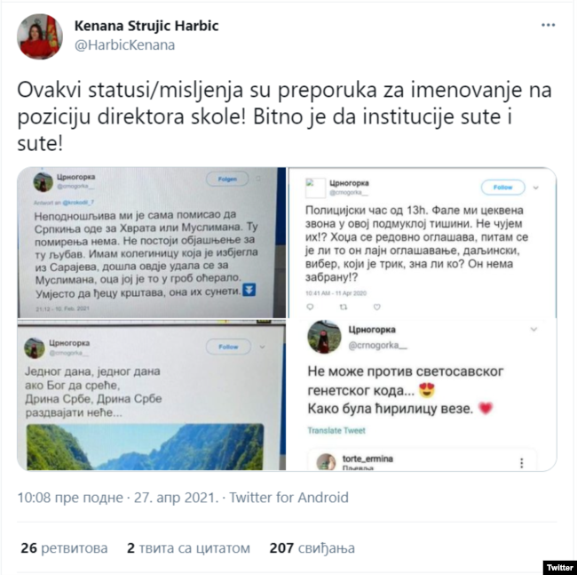 Reakcija na Tviteru poslanice Bošnjačke stranke Kenane Strujić Harbić