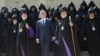 Armenia - President Serzh Sarkisian (C), Catholicos Garegin II (R) and Catholicos Aram I (L) and other clerics after the opening session of the Bishops' Synod in Echmiadzin, 24Sep2013.