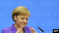 German Chancellor and Christian Democratic Union (CDU) leader Angela Merkel at a postelection press conference in Berlin on September 28