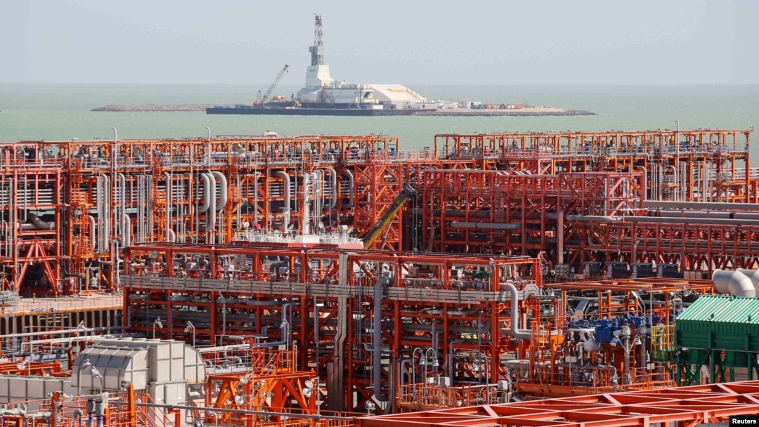 An oil rig and infrastructure of D Island, the main processing hub, at the Kashagan offshore oil field in the Caspian Sea on August 21