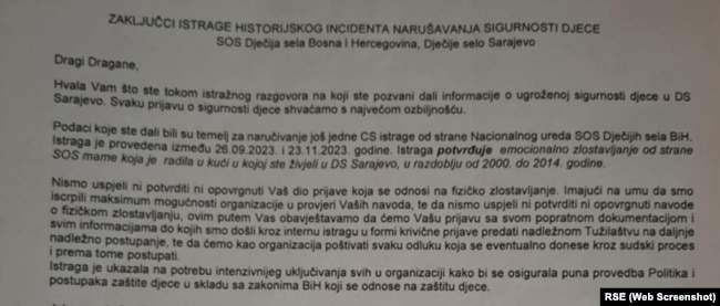 Dopis koji je Dragan Santrač dobio iz SOS Dječijih sela BiH 22. decembra 2023, nakon što je interna istraga potvrdila da je emocionalno zlostavljan u vrijeme dok je bio štićenik.