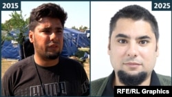 Kemal El Shairy at the Kanjiza refugee center in northern Serbia on August 28, 2015, and in a recent photograph