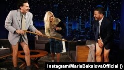 Sacha Baron Cohen (left) and Bulgarian actress Maria Bakalova joke around in character with U.S. talk-show host Jimmy Kimmel to promote the new Borat Subsequent Moviefilm.