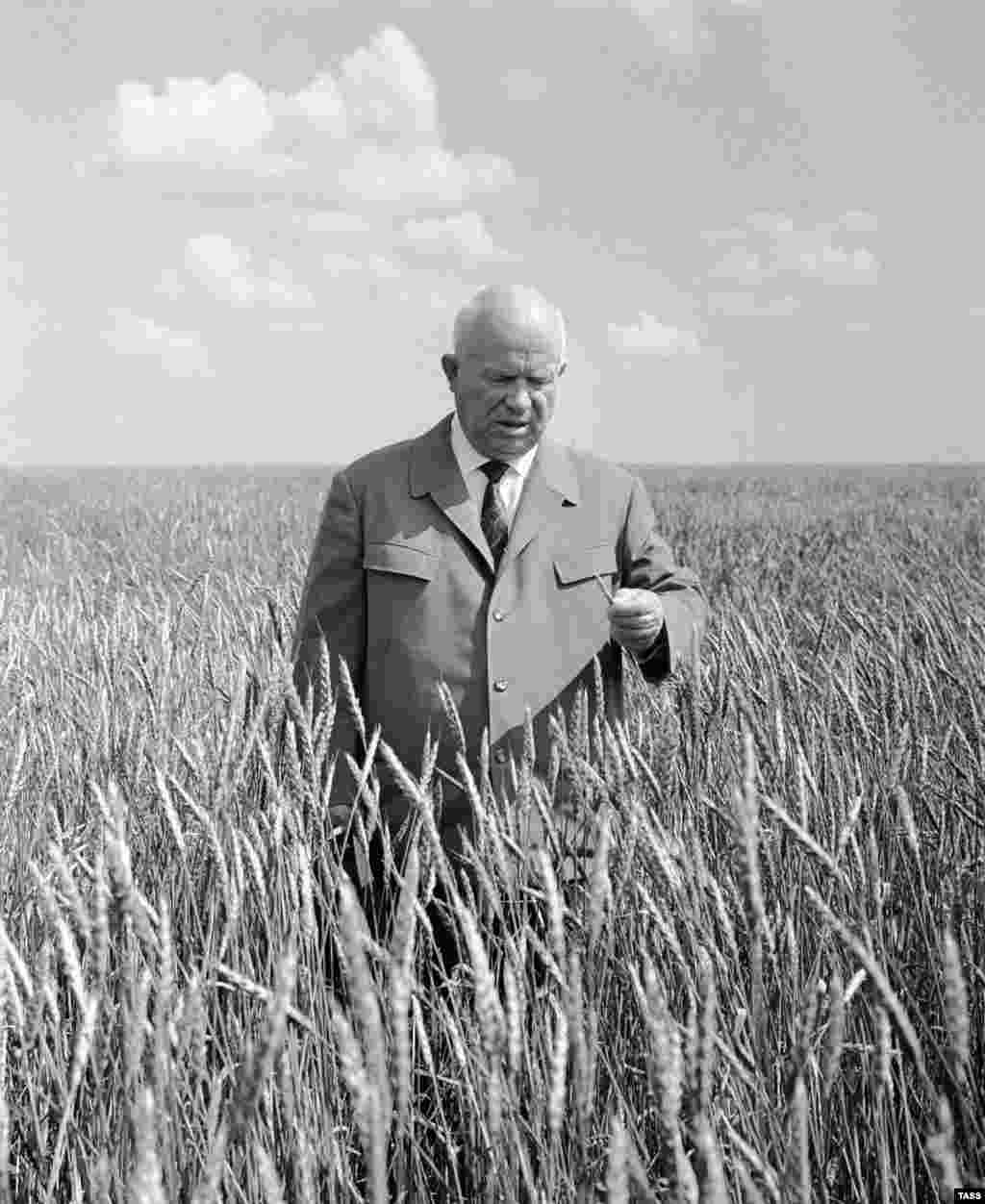 In the mid-1950s, Khrushchev launched his Virgin Lands campaign to encourage farming on previously uncultivated land in the Soviet Republic of Kazakhstan. In this picture from 1964, he poses in a Kazakh field.