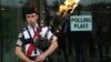 U.K. -- Ryan Randall plays the bagpipes outside a polling station in Edinburgh, Scotland September 18, 2014