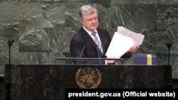 Ukrainian President Petro Poroshenko addresses the UN General Assembly in New York on February 20.