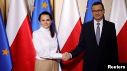 Сьвятлана Ціханоўская і Матэвуш Маравецкі, Варшава, 9 верасьня 2020 