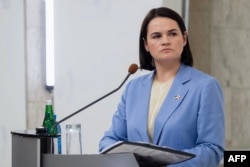 Кіраўніца Аб'яднанага пераходнага кабінэту Сьвятлана Ціханоўская на прэс-канфэрэнцыі ў Кіеве 25 траўня 2026