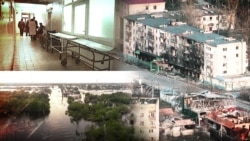 Collage. Oleshki hospital. On the right are the destroyed residential areas. On the bottom left is the flooded Oleshki in 2023
