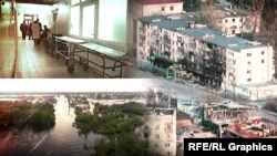 A collage showing Oleshky's hospital (top left), devastated residential areas (right), and floodwaters in the Ukrainian city in 2023 (bottom left).