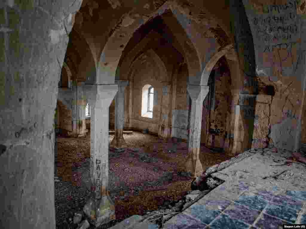 The neglected and damaged interior of Agdam&#39;s once-glorious mosque.