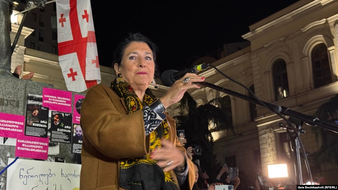 Georgian President Salome Zurabishvili addresses a rally in Tbilisi on December 22.