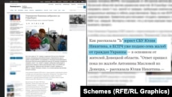 Першу згадку про Юлію Нікітіну «Схеми» знайшли в російській пресі за 2014 рік, де її представляють як «юристку СБУ» – громадської організації «Союз біженців України»