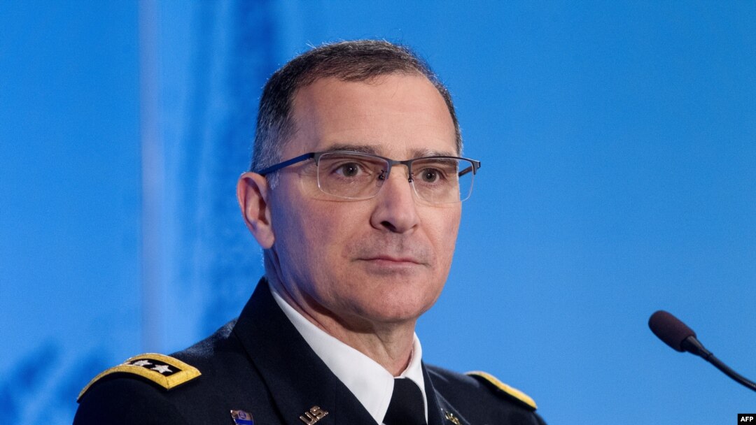 U.S. General Curtis Mike Scaparrotti, the new top commander, gives a press conference during the change-of-command ceremony for NATO in Mons, Belgium, on May 4.