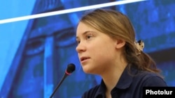 Armenia - Swedish climate activist Greta Thunberg speaks during a conference in Yerevan, November 14, 2024.