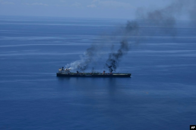 Fires burn aboard the oil tanker Sounion in the Red Sea after it was struck by the Huthis on August 25.