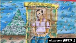 Карикатура художника Kirpi на тему ареста предпринимателя Ахмада Турсунбаева . Источник: веб-сайт Eltuz.com.