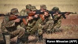 Armenian reservists undergo military training before leaving for the front line in Nagorno-Karabakh on October 27. 