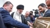 Iranian Supreme Leader Ayatollah Ali Khamenei (2nd-L) points at a framed relief depicting Jerusalem and the Dome of the Rock during his meeting with Hamas' deputy chief Saleh Arouri (L) and other members of the delegation in the capital Tehran, July 22, 2019