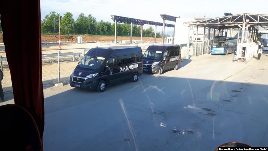 The Kosovar karate team is stopped at the Serbian border at Merdare on May 9.