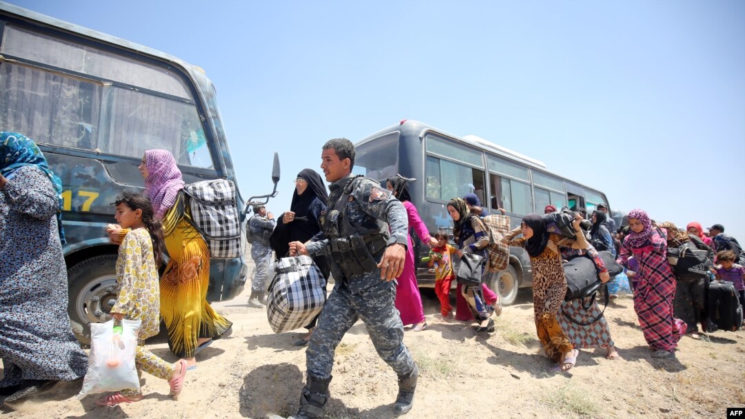 Iraqi forces help civilian families in Iraq's Anbar Province after they fled Fallujah during a major operation by pro-government forces to retake the city from Islamic State militants. 