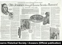 Перша частина публікації Вайтінга Вільямса про Голодомор в Україні, розміщена в лондонському тижневику Answers. «My Journey Through Famine-Stricken Russia» Answers (weekly). London, February 24, 1934, pp.16-17,28.