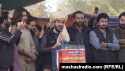 Manzoor Pashteen, the leader of the Pashtun Tahafuz Movement (PTM), addresses hundreds of protesters from the Maseed tribe on January 30.