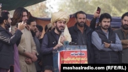 Manzoor Pashteen, the leader of the Pashtun Tahafuz Movement (PTM), addresses hundreds of protesters from the Maseed tribe on January 30.