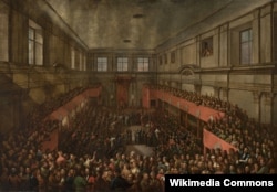 Ухвалення Конституції 3 травня 1791 року в залі сенатора у Королівському замку у Варшаві. Картина художника Казимежа Войняковського, 1806 рік
