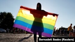 یک دگرباش جنسی با بیرق این گروه در بوداپست کشور هنگری